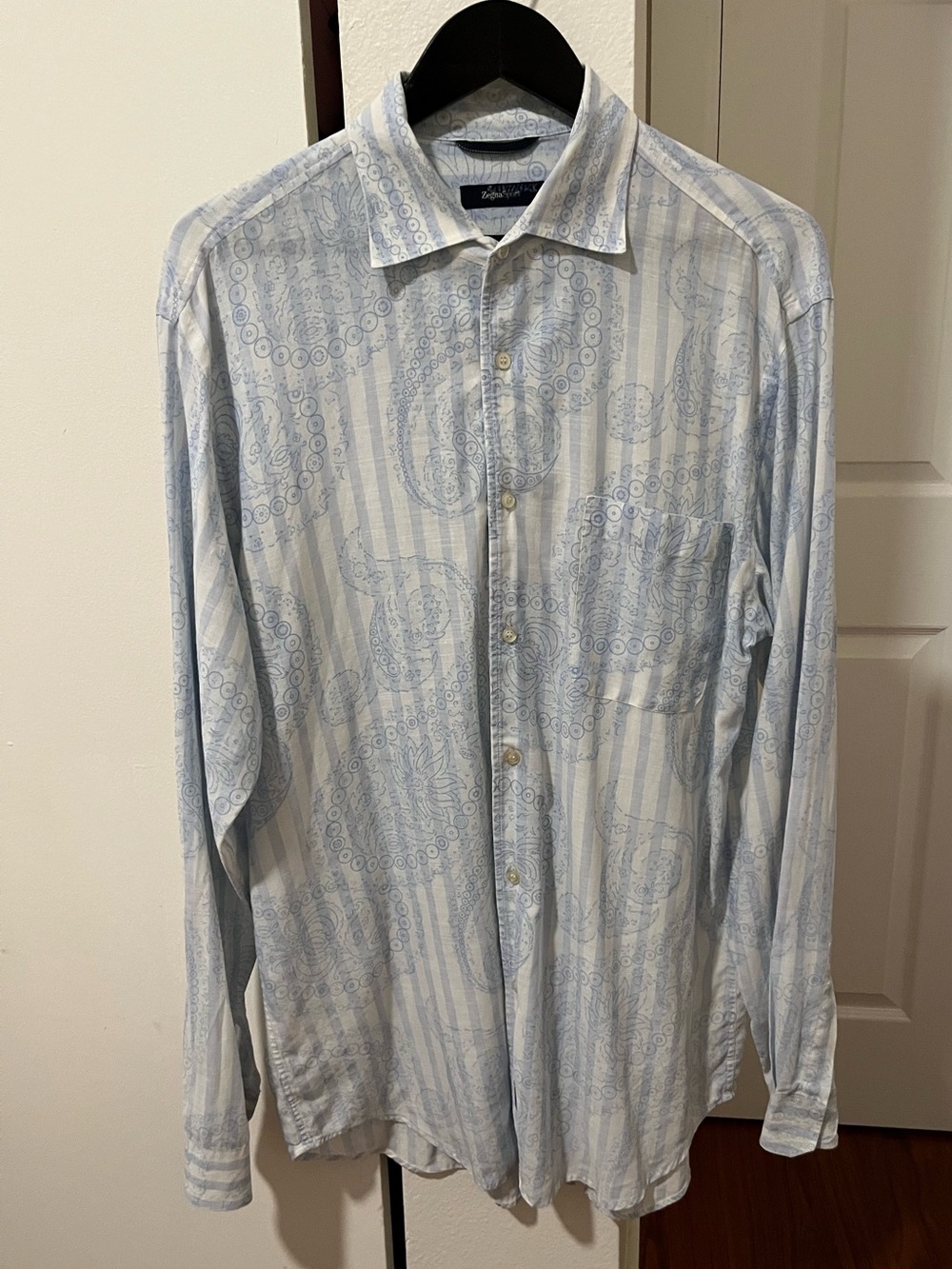 Zegna Sport Light Blue Paisley-Stripe Long-Sleeve Button-Down Shirt